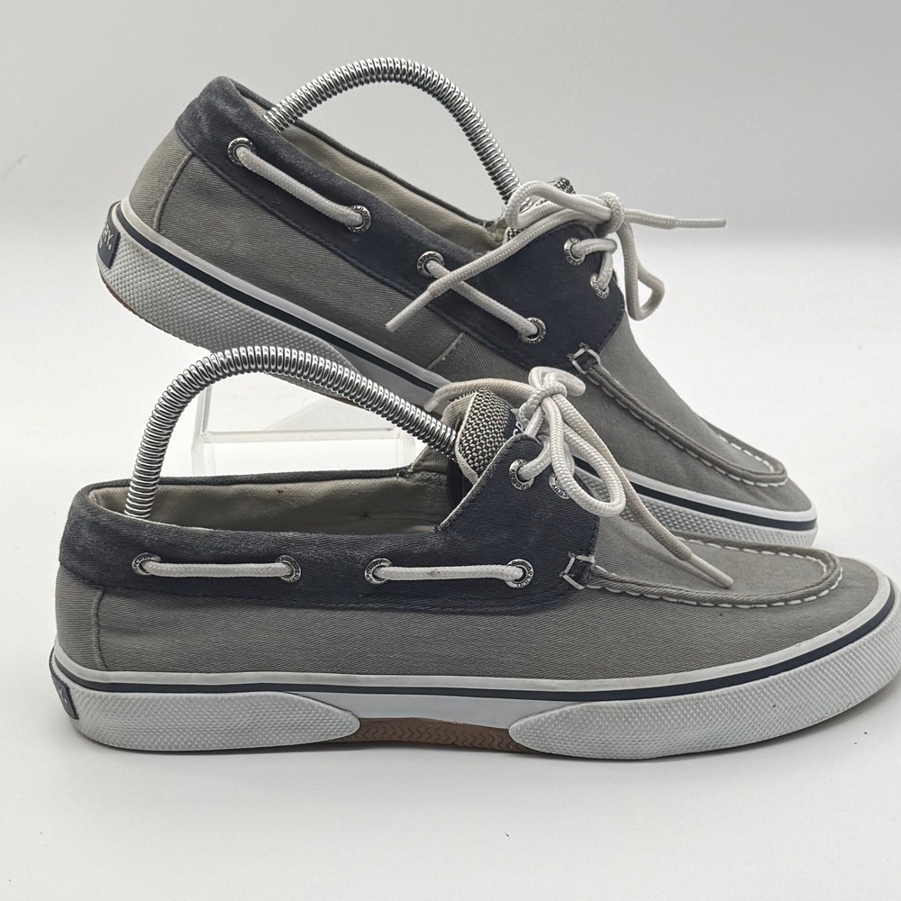Sperry Boat Shoes Mens 9 Grey Canvas Navy Memory Foam Nautical Casual Loafers